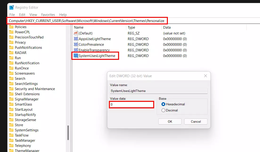 Image: Regedit : Entrée du mode sombre de Windows 11