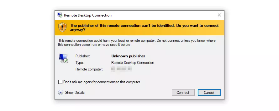 Image: Dialogue Windows : établissement de la connexion au serveur à distance