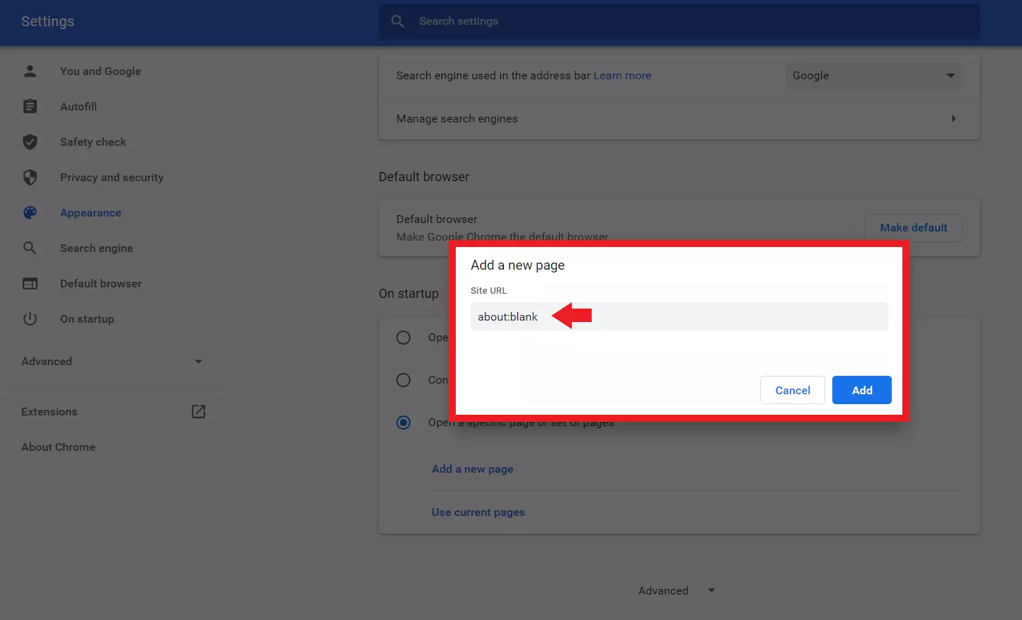 Image: « about:blank » vous permet de définir une page de démarrage vierge sous « Ouvrir une ou plusieurs pages spécifiques »