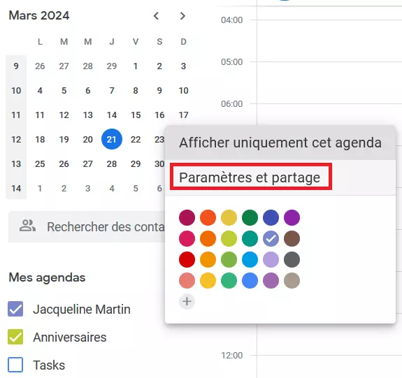 Calendrier Google : menu « Paramètres et partage » Calendrier Google : menu « Paramètres et partage »