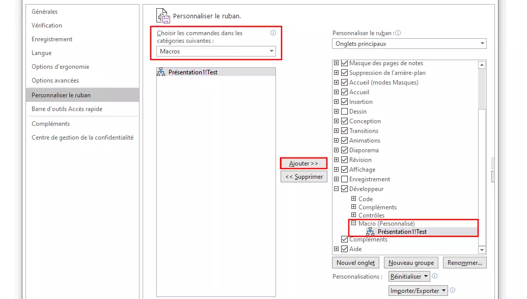 Image: Personnaliser le ruban PowerPoint : ajouter une macro