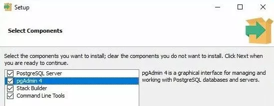 Image: PostgreSQL Installer d’EnterpriseDB : sélection des composants