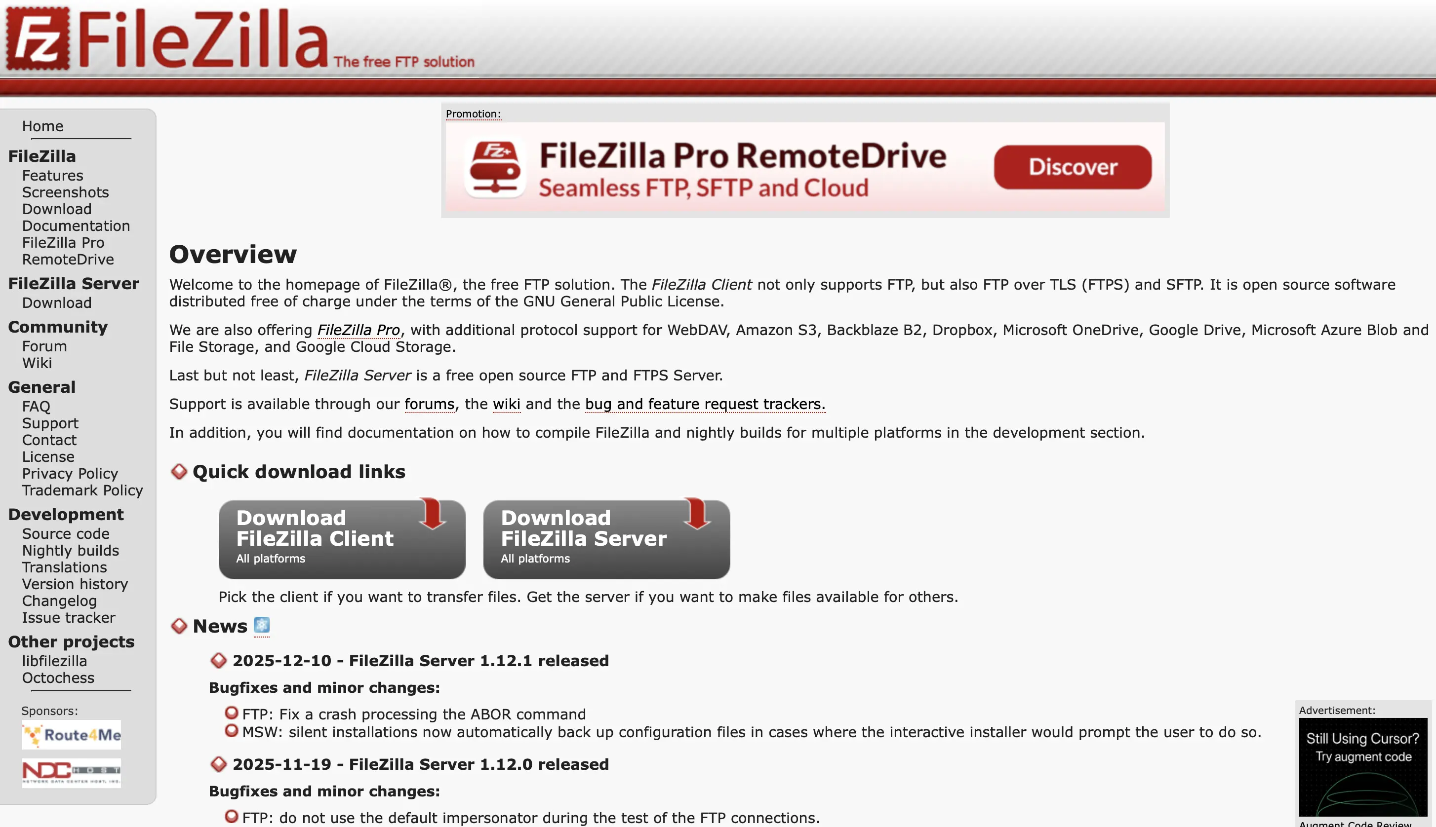 Capture d’écran du site Web de FileZilla Image: Capture d’écran du site Web de FileZilla