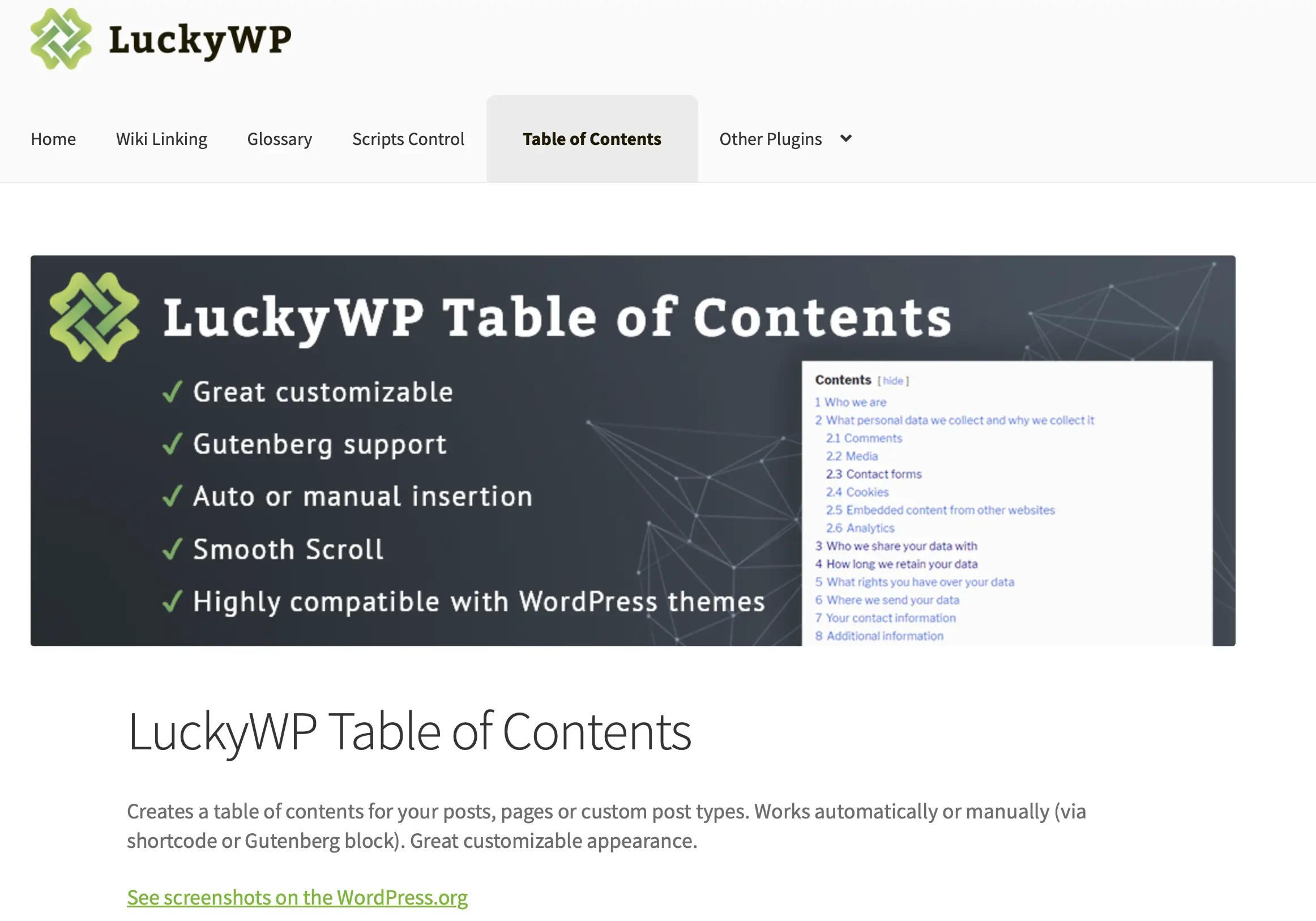 Image: Page d’information LuckyWP Table of Contents sur le site du développeur