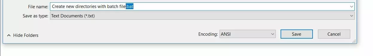 Image: Notepad : enregistrement du fichier batch à créer