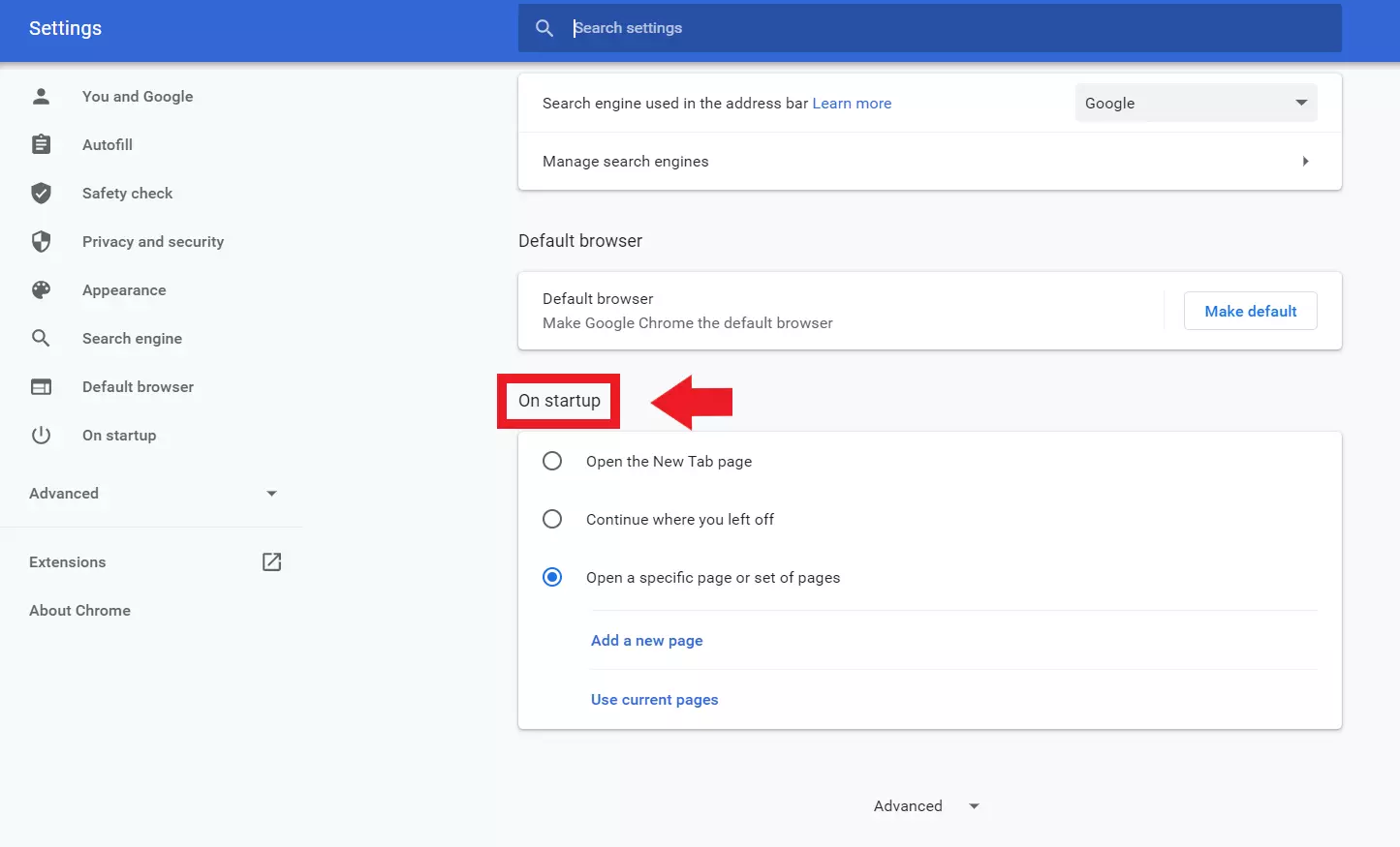 Image: Faites défiler jusqu’à « Au démarrage » et définissez ici la page d’accueil de Chrome souhaitée