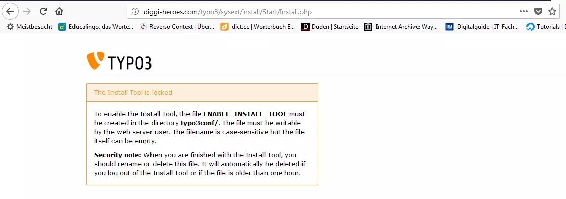 Image: Message d’erreur pendant l’installation de TYPO3 indiquant que l’assistant d’installation ne peut pas être lancé.