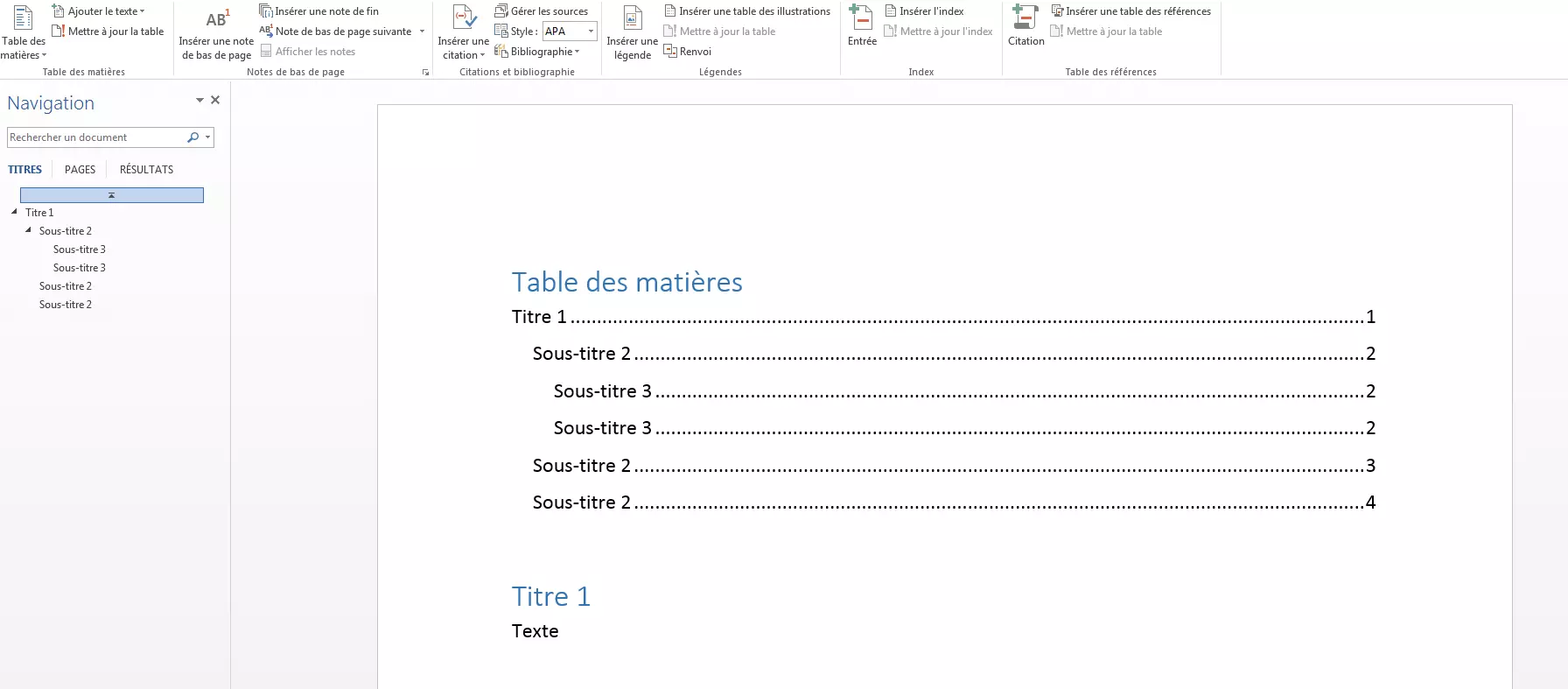 Image: La création d’une table des matières Word.