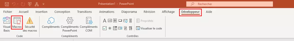 Image: Ruban de l’onglet PowerPoint « Développeur »