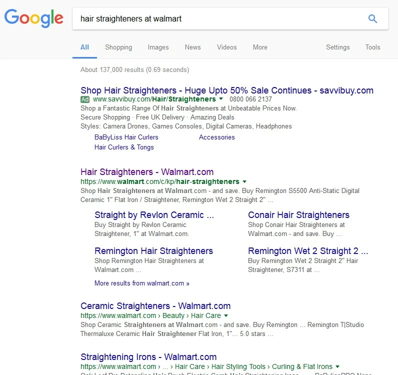résultats de recherche Google « hair straighteners at walmart »