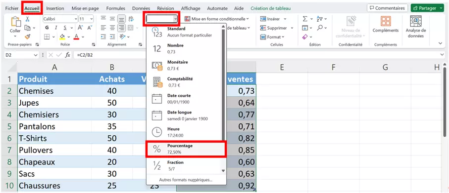 Appliquer le format pourcentage dans Excel Appliquer le format pourcentage dans Excel