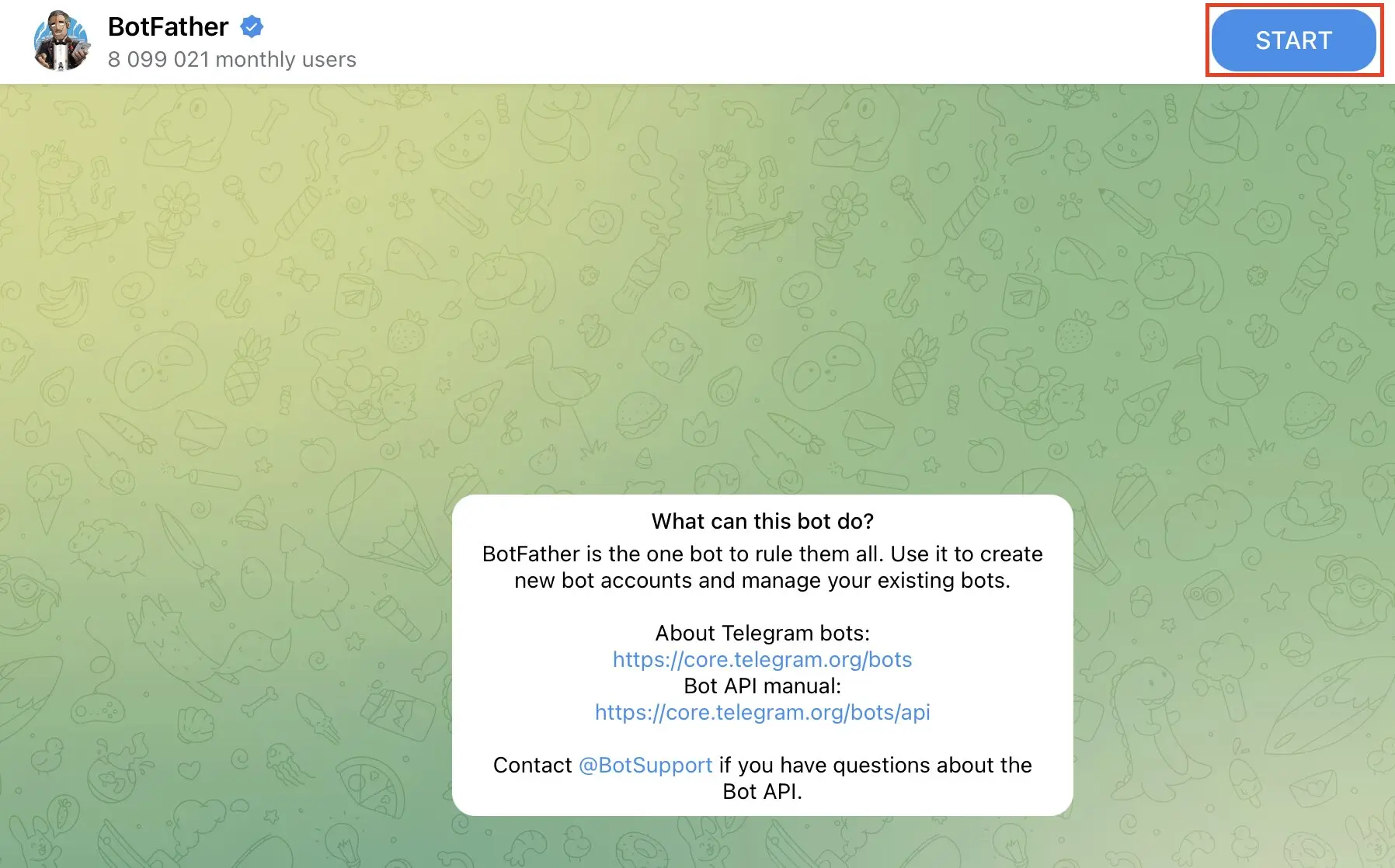 Image: Telegram BotFather : démarrer BotFather