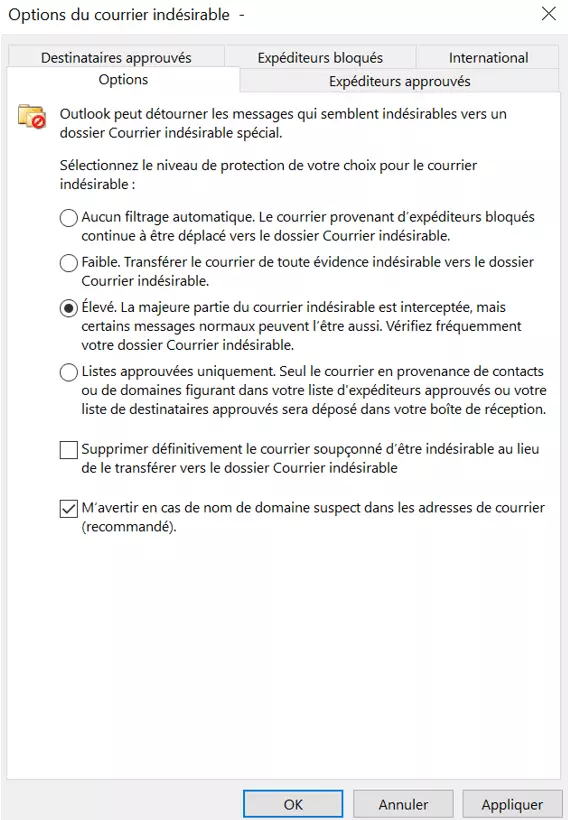 Image: Options du courrier indésirable dans Outlook