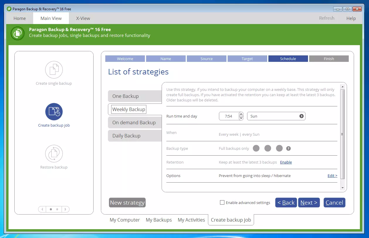 Paragon Backup & Recovery 16 Free : fonction calendrier de sauvegarde
