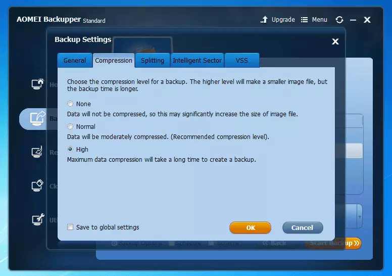 Aomei Backupper Standard 4.0.4 : menu de sélection pour le niveau de compression