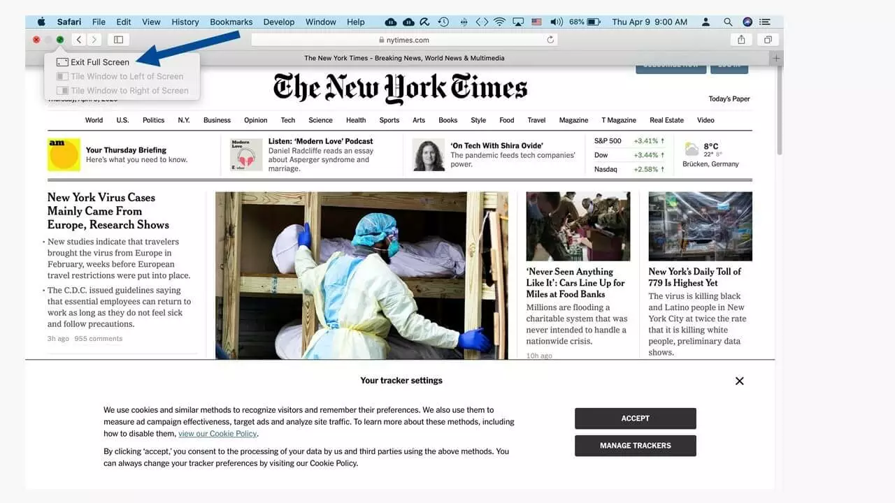 L’entrée pour quitter le mode plein écran sur Mac