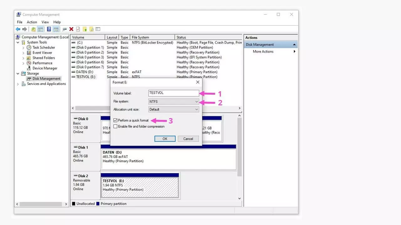 Image: Génération du système de fichiers dans la Gestion des disques Windows