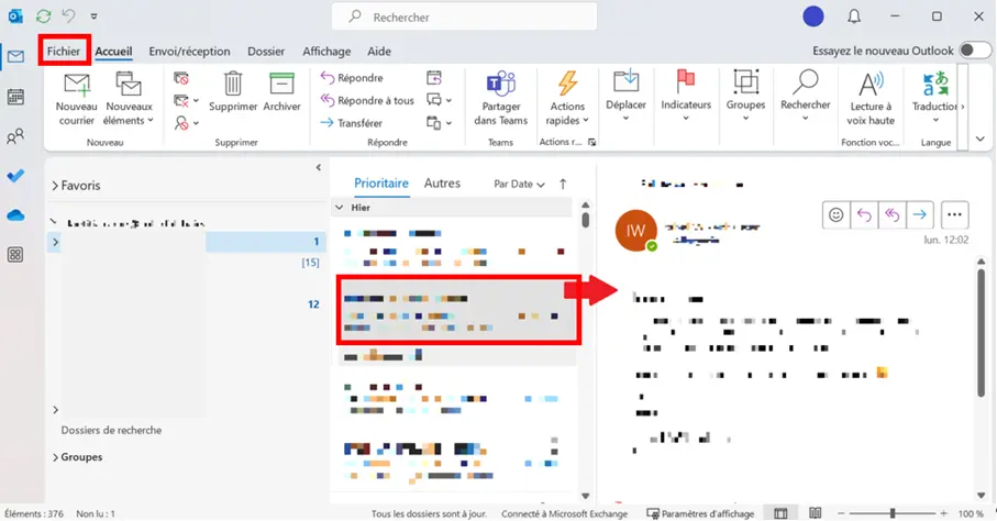 Outlook : l’onglet « Fichier » et l’email sélectionné Image: Outlook : l’onglet « Fichier » et l’email sélectionné