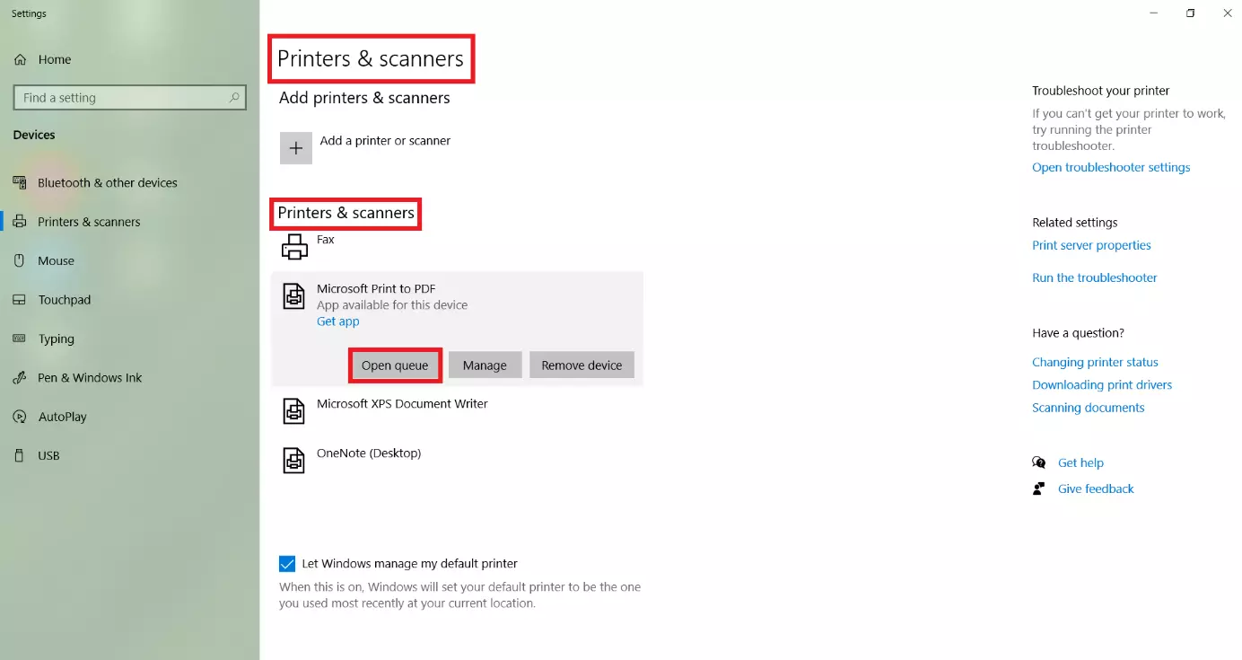 Image: Windows 10 : menu « Imprimante et scanner »