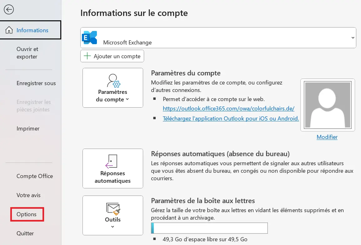 Image: Options Outlook dans l’onglet « Fichier »