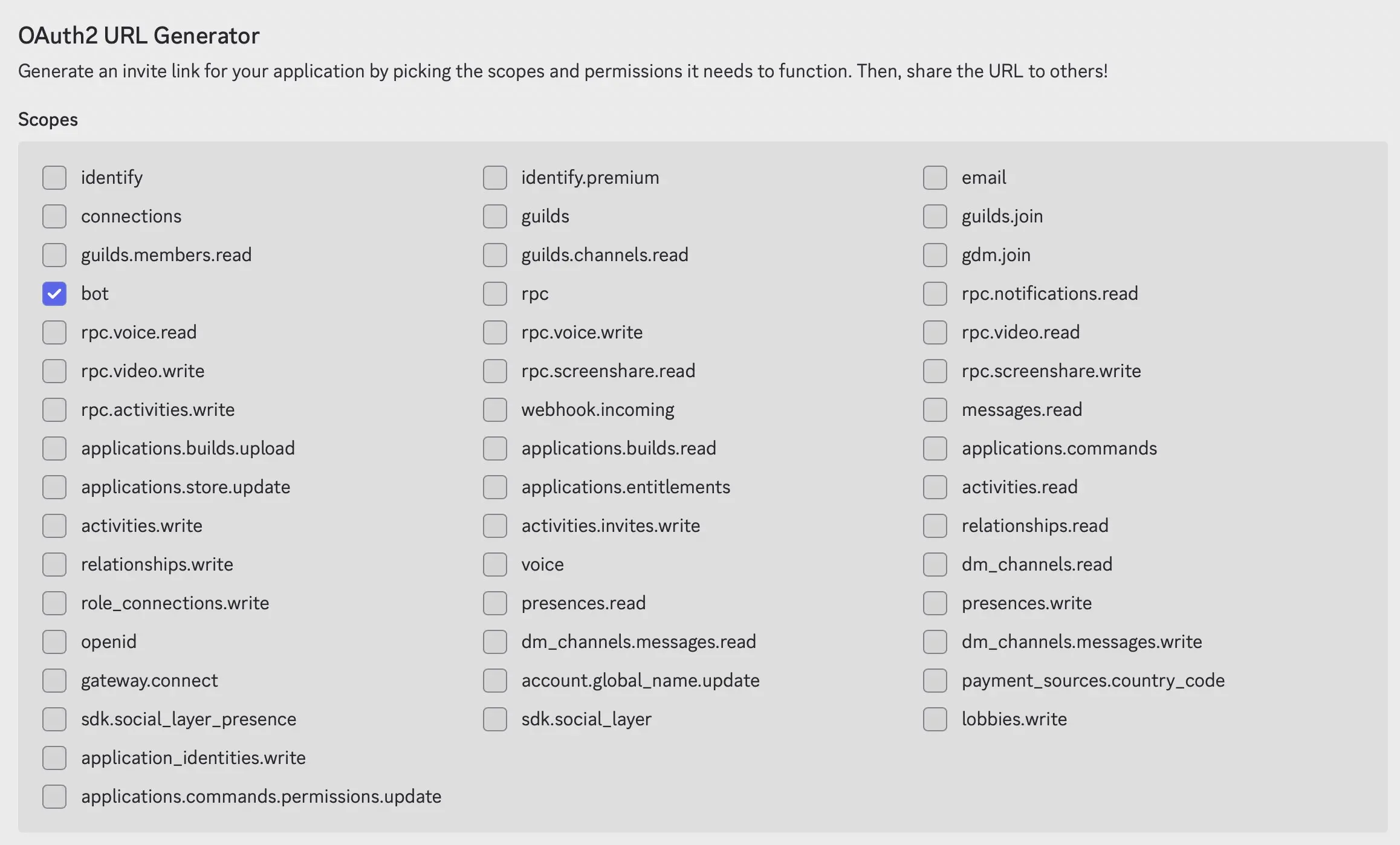 Image: Discord Developer Portal : URL Generator