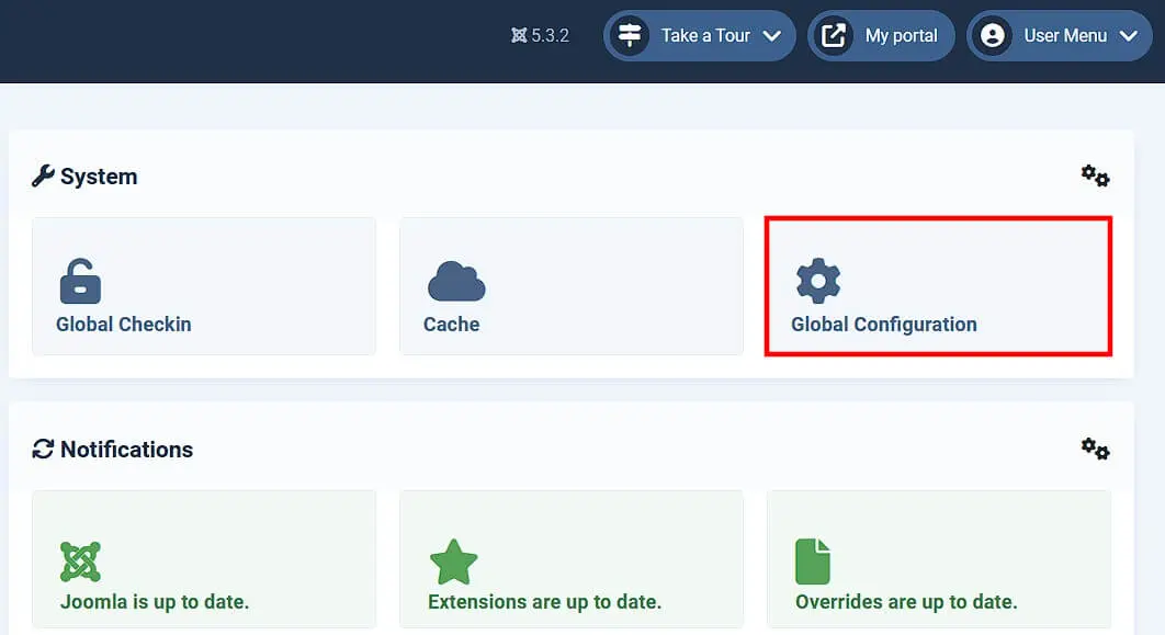 Option « Configuration » dans le backend Joomla Image: Option « Configuration » dans le backend Joomla
