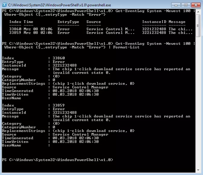 Image: Résultats de la pipeline Get-EventLog System -Newest 100 | Where-Object {$_.entryType -Match "Error"} et Fortmat-List