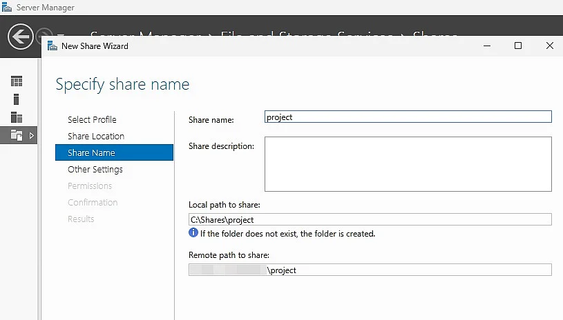 Indication d’un nom de partage dans le Gestionnaire de serveur Image: Indication d’un nom de partage dans le Gestionnaire de serveur