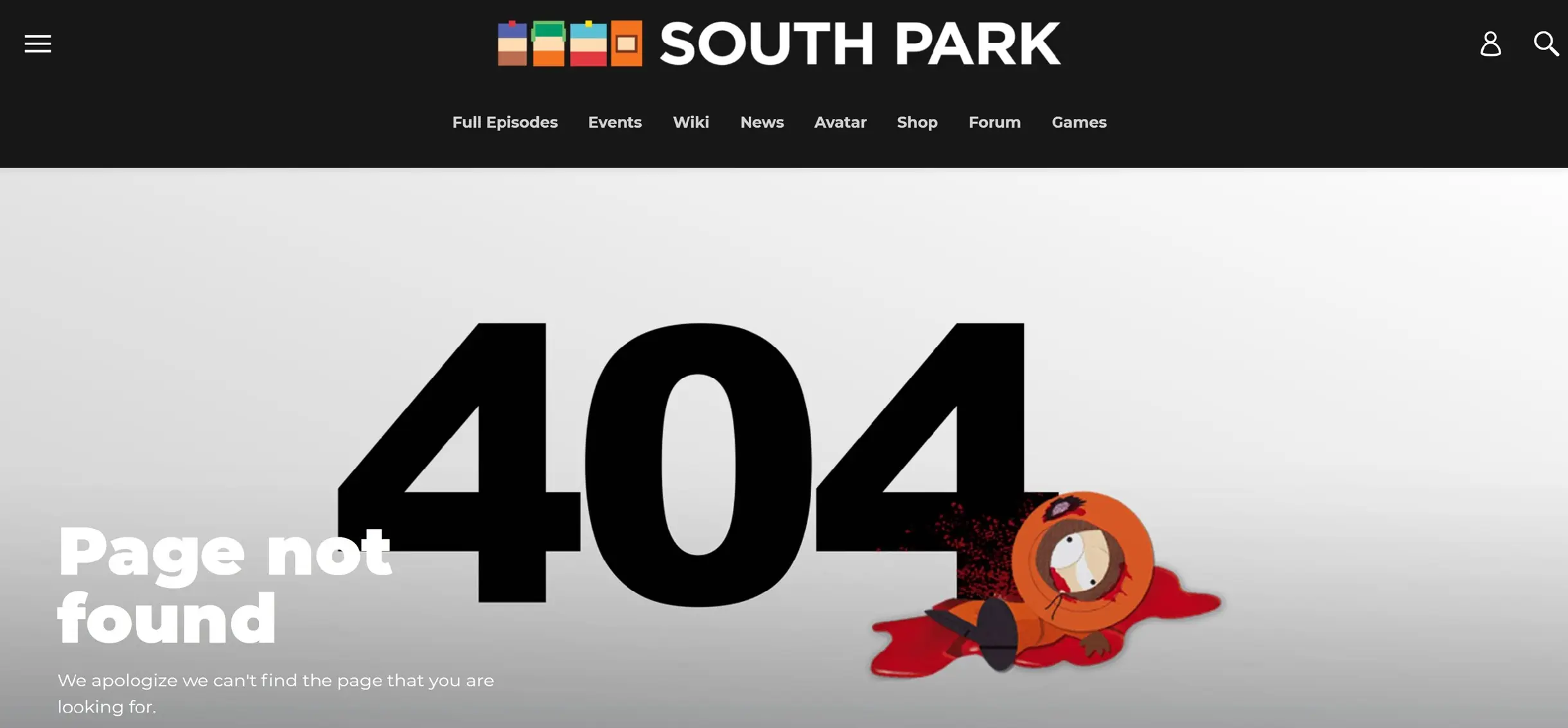 Page 404 sur le site de South Park Image: Page 404 sur le site de South Park