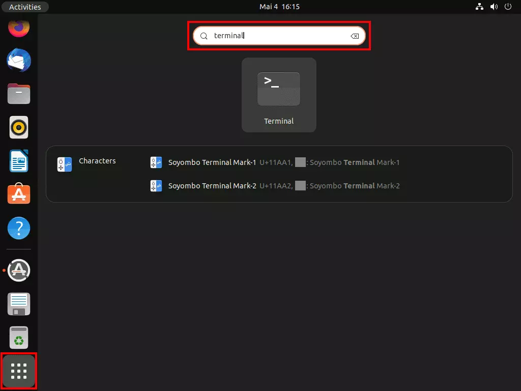 Image: Fonction de recherche d’Ubuntu : recherche du mot-clé « terminal »