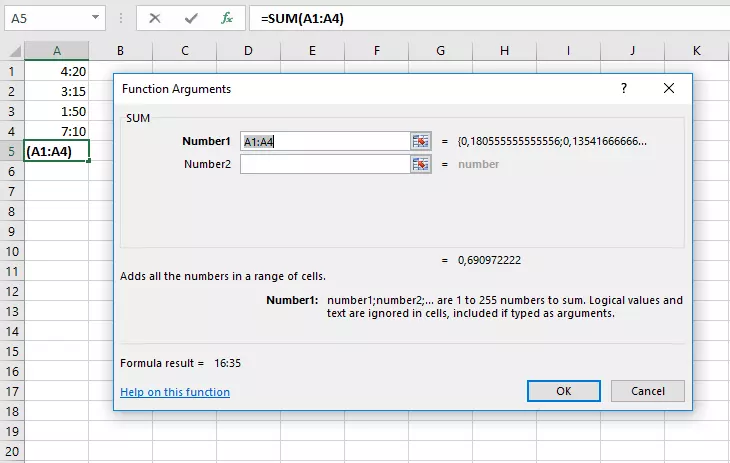 Image: Fenêtre de saisie de la fonction SOMME pour l’ajout d’heures dans Excel