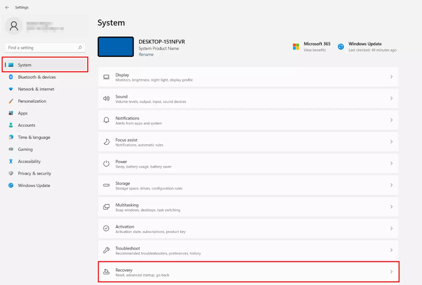 Image: Paramètres de Windows 11 : bouton : « Récupération »