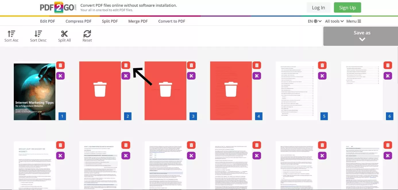 Image: Supprimer des pages d’un PDF avec PDF2GO