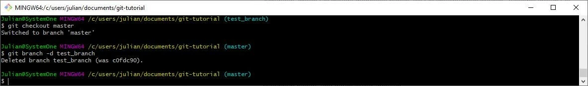 Image: Changement et suppression de branche à l’aide de Git-Bash