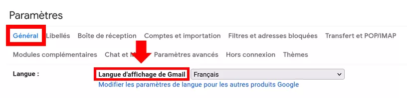 Image: L’onglet « Général » et la section « Langue » dans les paramètres Gmail