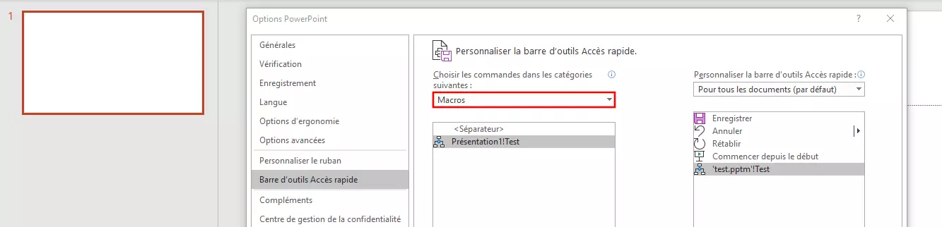 Image: Menu « Barre d’outils Accès rapide » dans PowerPoint 365