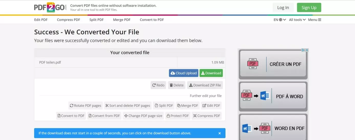 Image: PDF2GO : options de téléchargement et d’exportation