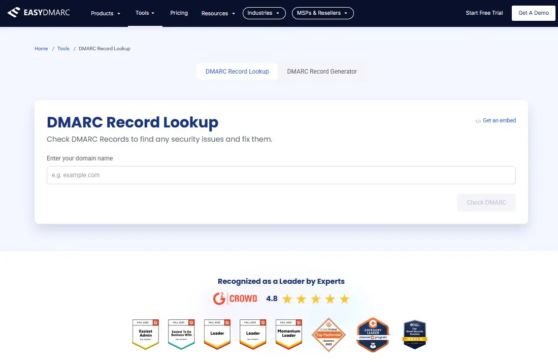 Image: Capture d’écran de l’outil DMARC Record Lookup de easydmarc.com