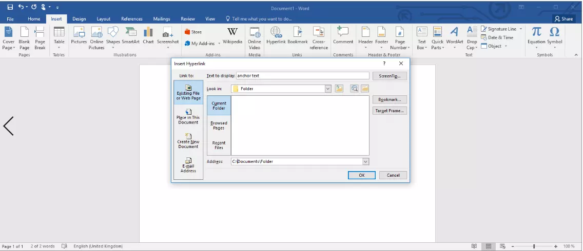 Image: Microsoft Word : fenêtre « Insérer un lien hypertexte »