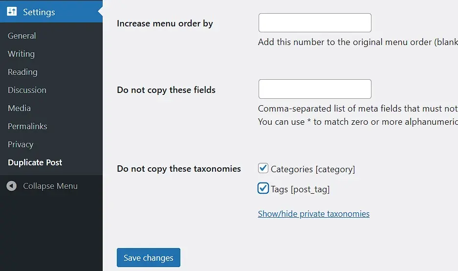 Image: Capture d&rsquo;&eacute;cran des param&egrave;tres de Yoast Duplicate Post