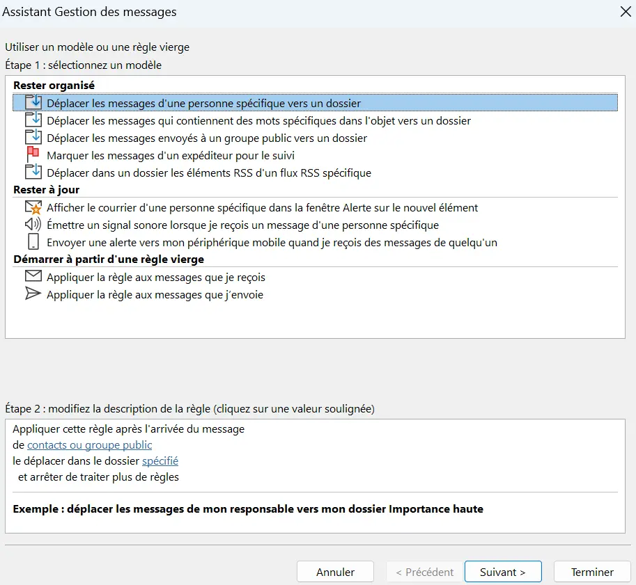 Image: Assistant de règles Outlook : sélection du modèle de règles
