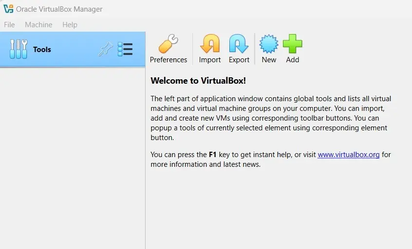 Image: Oracle VirtualBox Manager : écran de démarrage