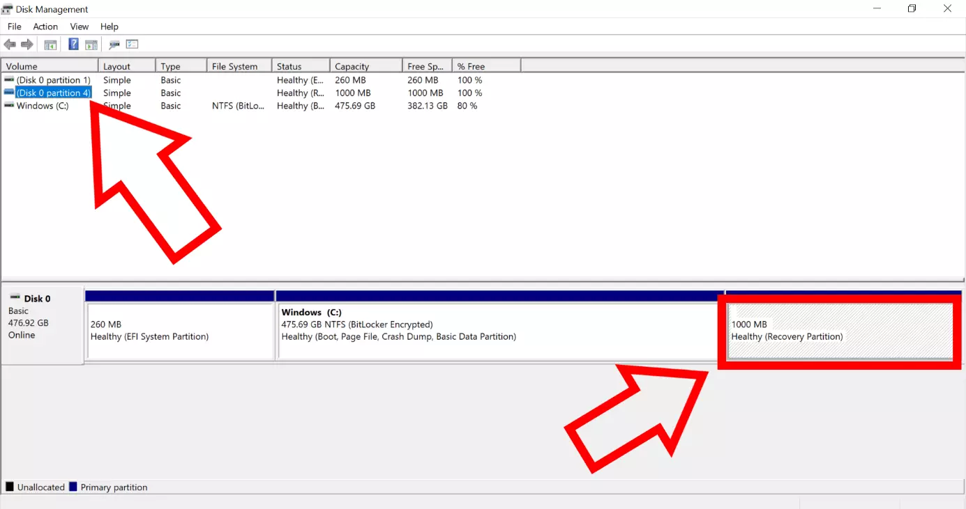 Capture d’écran du gestionnaire de disques Windows montrant la partition du disque 0 avec la partition de récupération