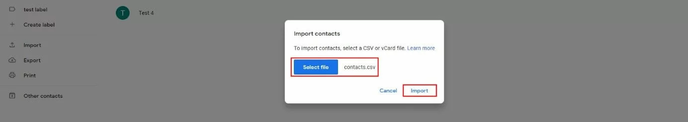 Image: Dialogue « Importer des contacts » dans Google Contacts