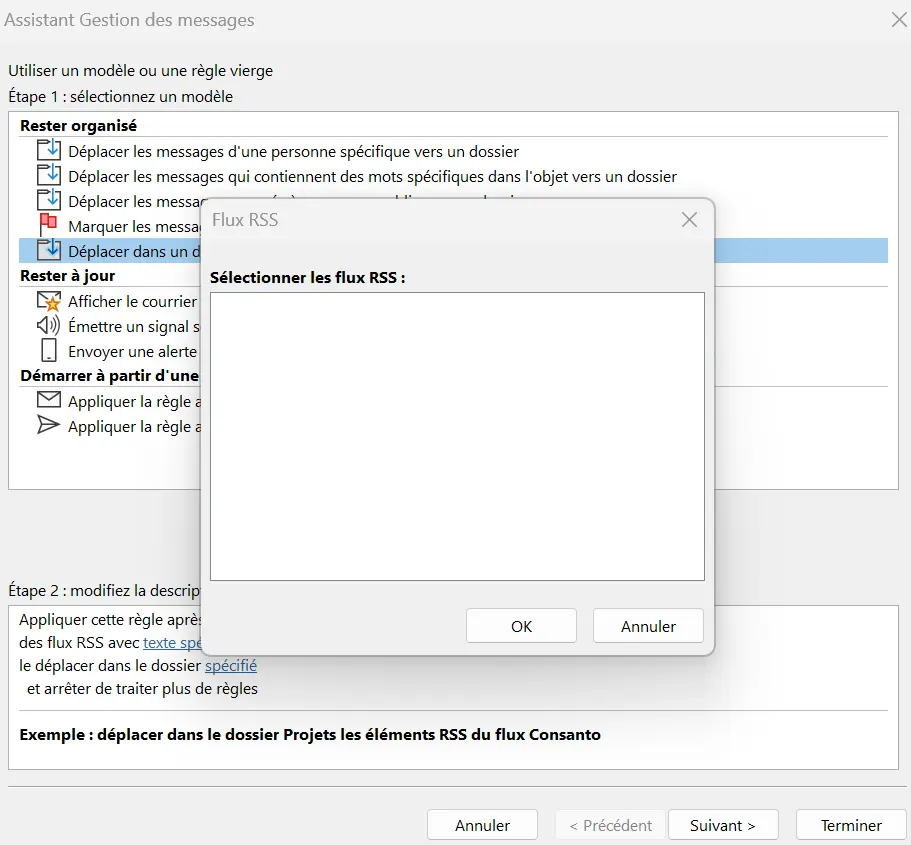 Image: Assistant de règles Outlook : sélection du flux RSS