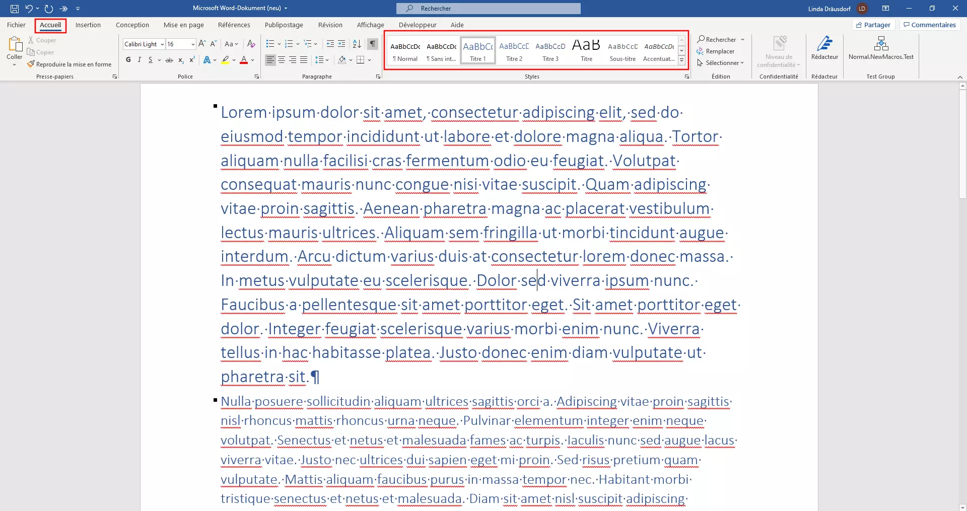 Image: Formatage du document Word avec le menu « Styles » de l’onglet « Accueil »