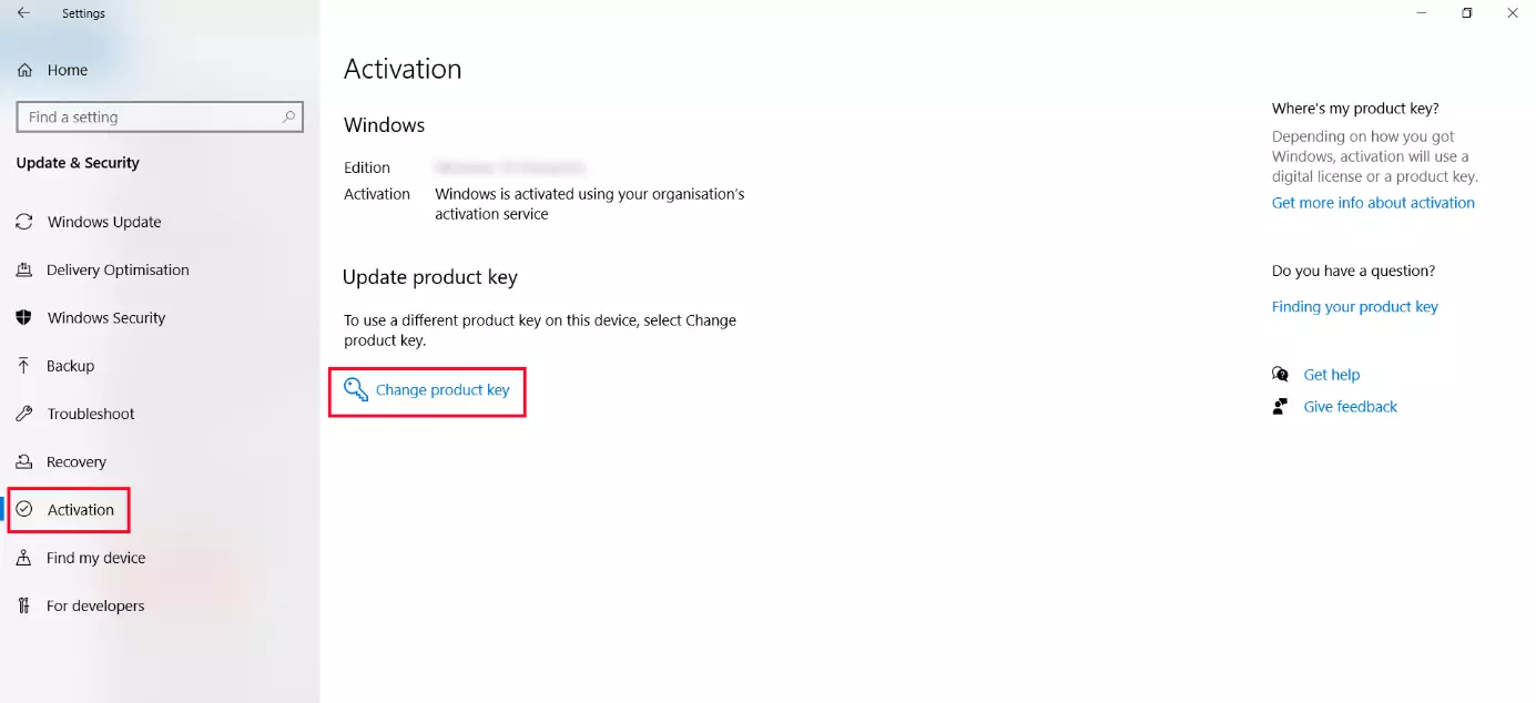 Image: Activation de Windows dans les paramètres