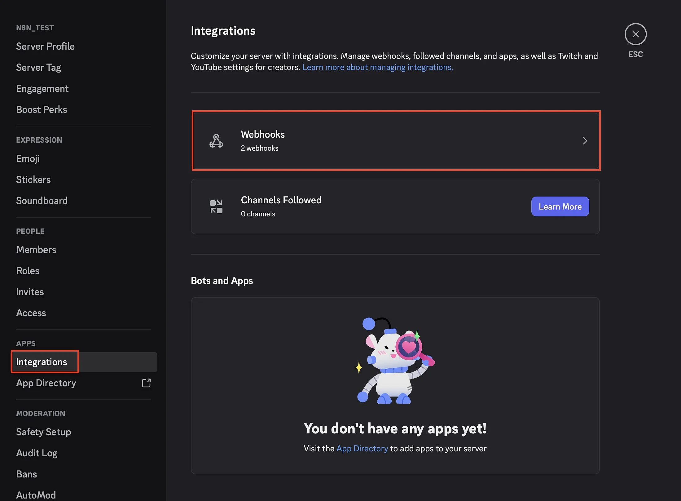 Discord : paramètres du serveur Intégrations Image: Discord : paramètres du serveur Intégrations