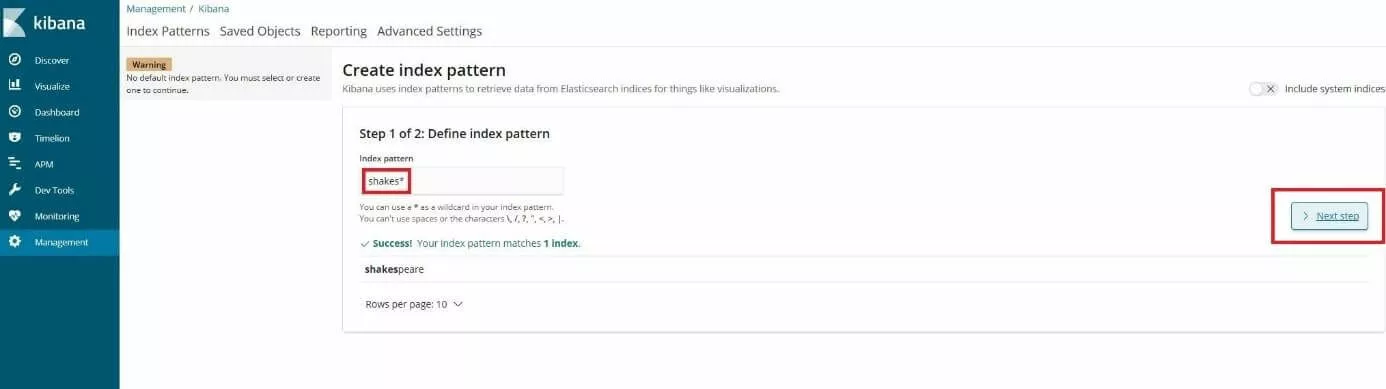 Image: Interface Kibana : menu de création de modèles d‘index
