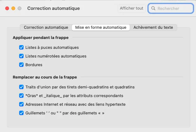Image: Outlook pour Mac : options de mise en forme automatique